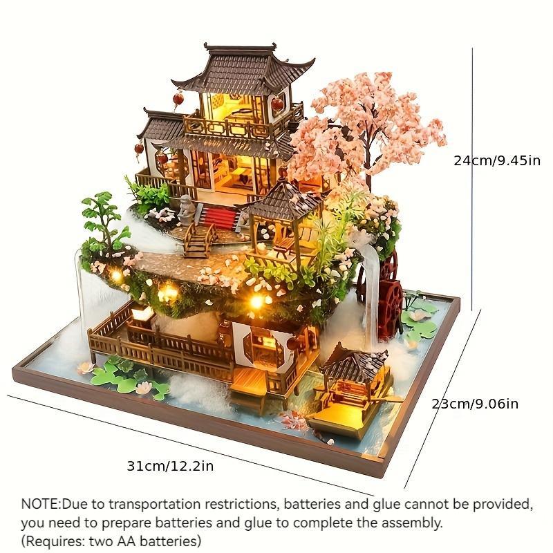 DIY Wooden Assembly Villa Model House, Handmade Craft Cottage Miniature Dollhouse with Furniture & Light Effect, Creative Birthday Gift