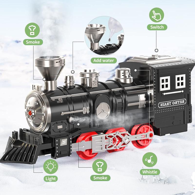 Christmas Gift Train Sets with Steam Locomotive Engine, Cargo Car and Tracks, Battery Powered Play Set Toy w Smoke, Light & Sounds, ,