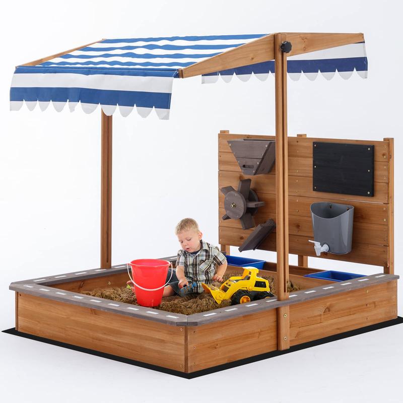 Kids Large Wooden SandBoxes with Roof, Pipleo Outdoor Sand Box Play w Canopy for Backyard Garden Beach, Sand Pit for Beach Patio Outdoor, [Adjustable Cover & Sand Funnel & Drawing Board] - Brown Oak