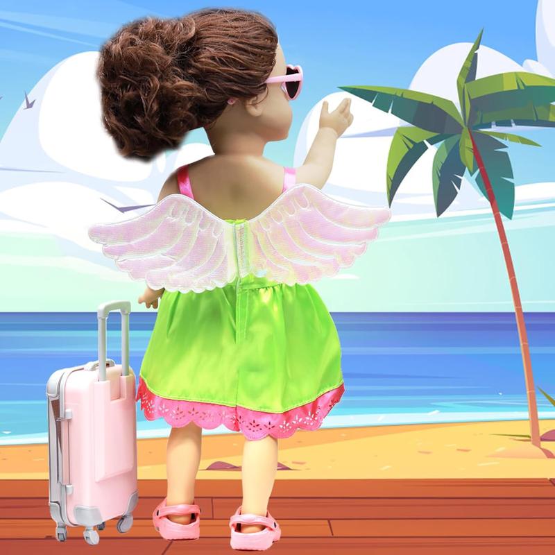 American 18 Inch Doll Clothes and Accessories-Include Dress with Wings, Suitcase Luggage, Sunglasses, Camera, Mobile Phone, Computer, Bag, Clogs Doll Travel Gear Play Set Fit 18 in Girl Doll (No Doll)