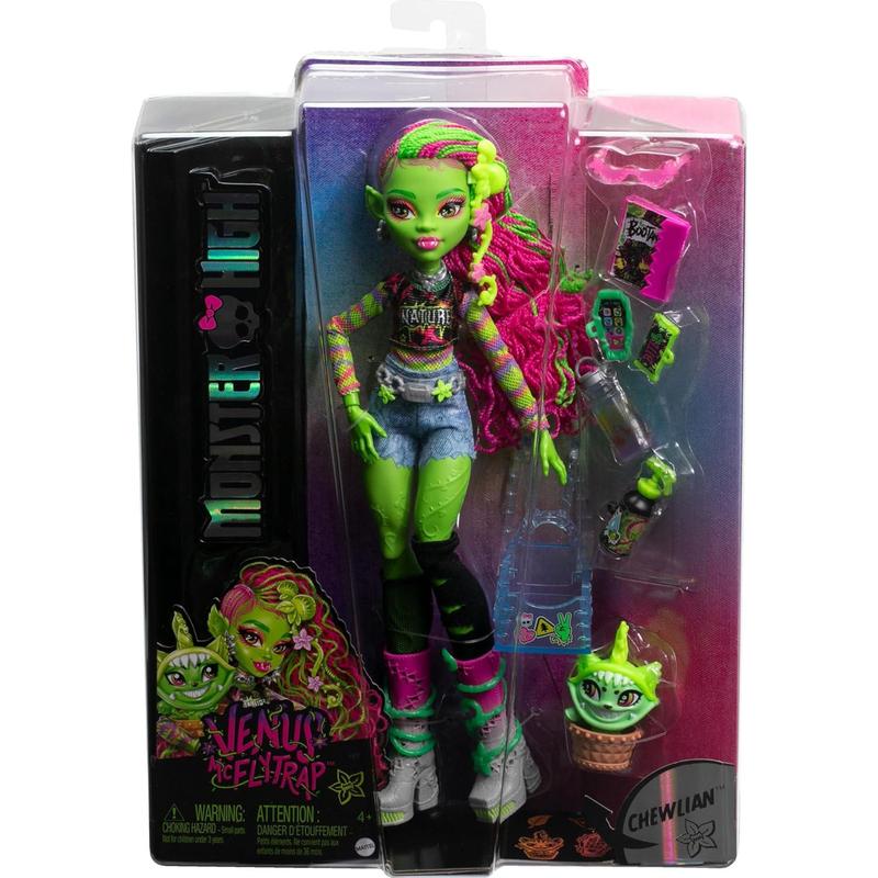 Monster High Venus McFlytrap Doll, Plant Monster with Pet Cat Chewlian & Accessories Like Backpack, Notebook, Snacks & More