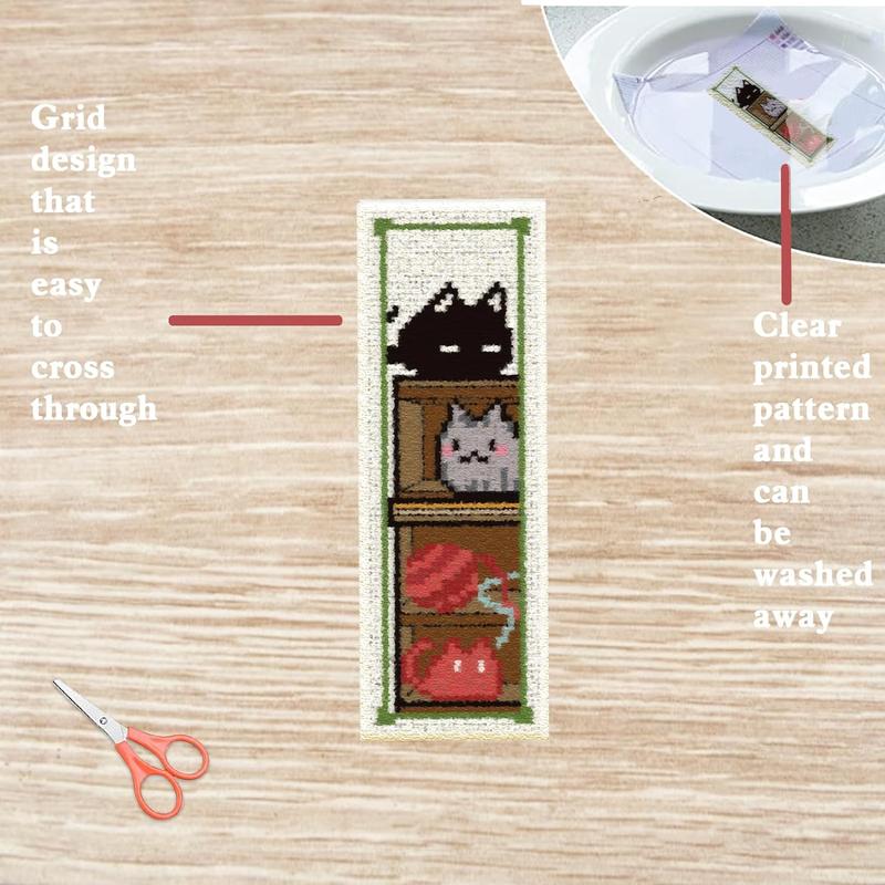 Cartoon Cat Pattern Cross Stitch Kit, 6 Counts set DIY Cross Stitch Bookmark Kit with Random Color Embroidery Accessories