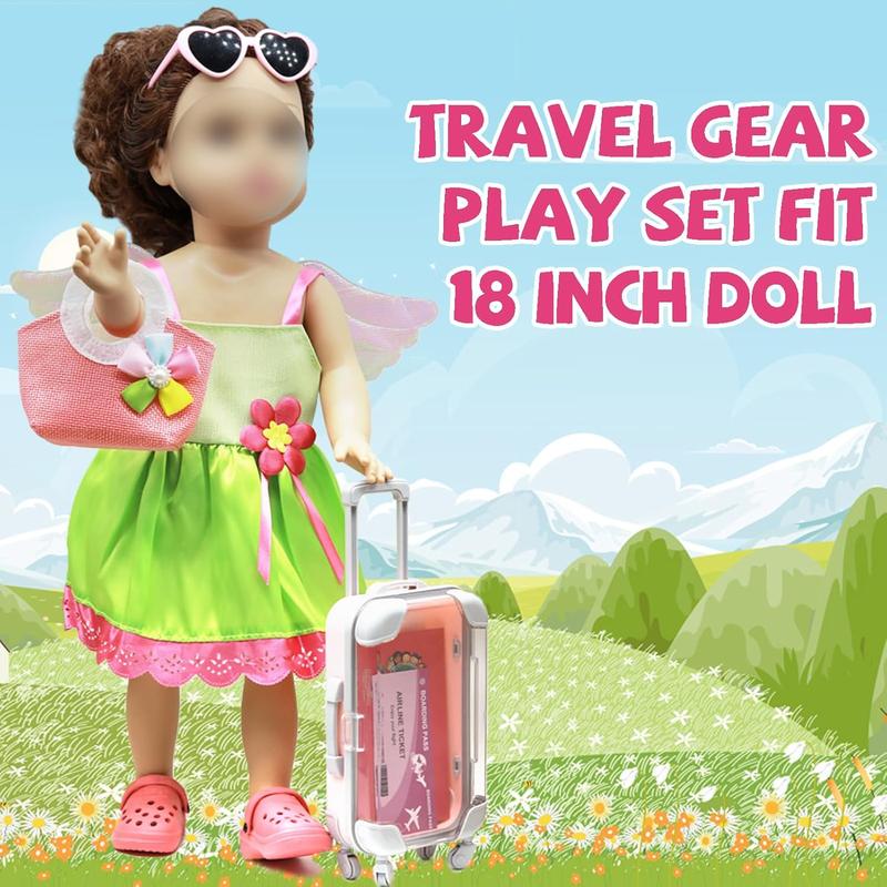 American 18 Inch Doll Clothes and Accessories-Include Dress with Wings, Suitcase Luggage, Sunglasses, Camera, Mobile Phone, Computer, Bag, Clogs Doll Travel Gear Play Set Fit 18 in Girl Doll (No Doll)