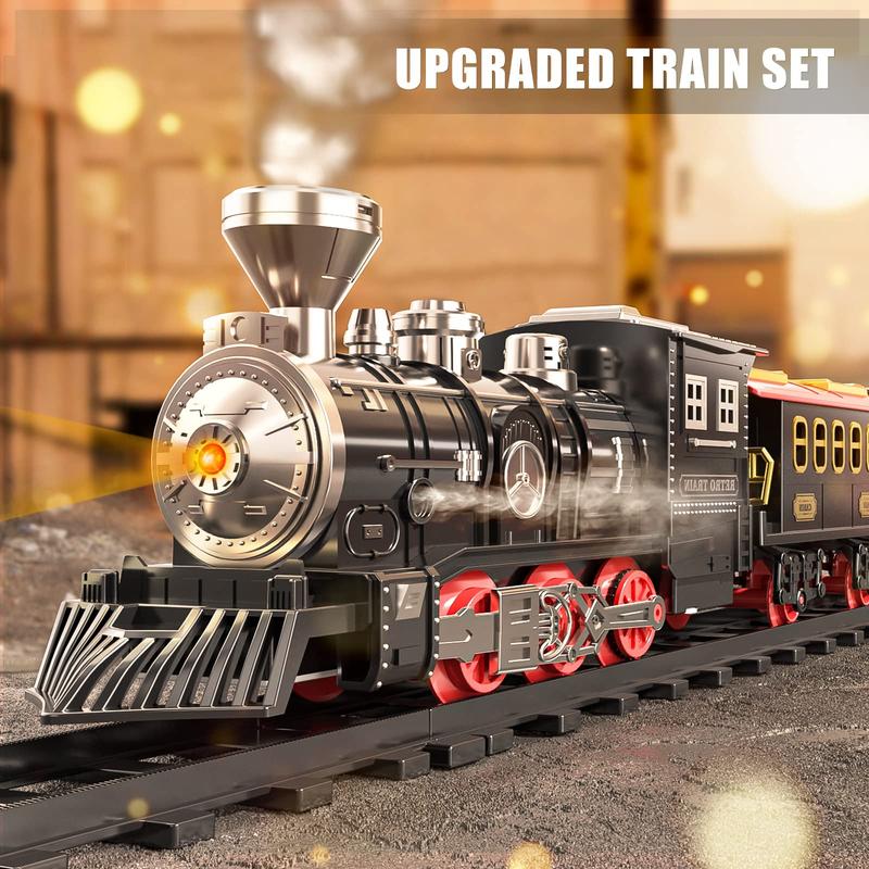 Christmas Gift Train Sets with Steam Locomotive Engine, Cargo Car and Tracks, Battery Powered Play Set Toy w Smoke, Light & Sounds, ,