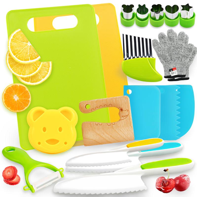 Child's Cooking Set Toy, Fruit & Vegetable Cutter Set, 13-19pcs set Safe Design Plastic Knife & Peeler & Cutter & Cutting Board, Household Kitchen Gadgets, Kitchen Accessories, Summer Gift, Safe Culinary Tools for kids 3-12, FosterSkills & Fun