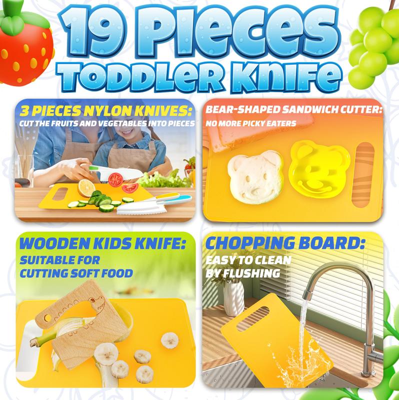 Child's Cooking Set Toy, Fruit & Vegetable Cutter Set, 13-19pcs set Safe Design Plastic Knife & Peeler & Cutter & Cutting Board, Household Kitchen Gadgets, Kitchen Accessories, Summer Gift, Safe Culinary Tools for kids 3-12, FosterSkills & Fun