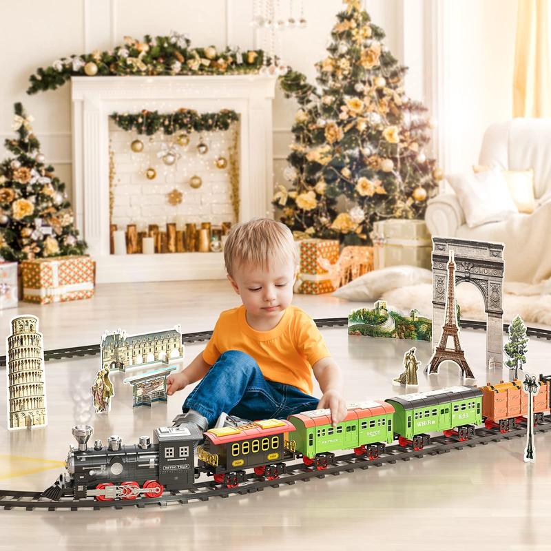 Christmas Gift Train Sets with Steam Locomotive Engine, Cargo Car and Tracks, Battery Powered Play Set Toy w Smoke, Light & Sounds, ,