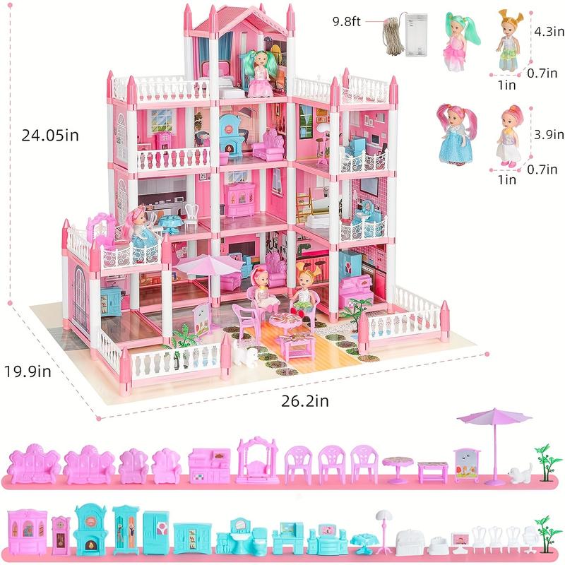 Doll House, Dollhouse For Girls Pretend-Play DIY Dollhouse Kit - 4-Story 11 Rooms Playhouse With 4 Dolls Toy Figures, Furniture And Accessories Set Gift Toy For Kids Ages 3 4 5 6 7 8+