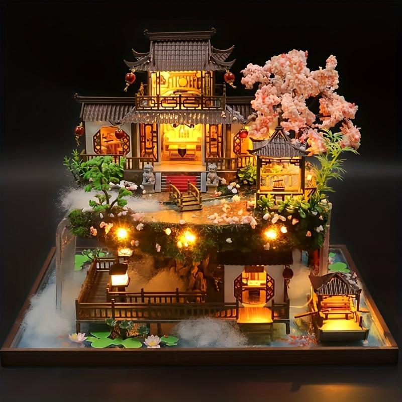 DIY Wooden Assembly Villa Model House, Handmade Craft Cottage Miniature Dollhouse with Furniture & Light Effect, Creative Birthday Gift