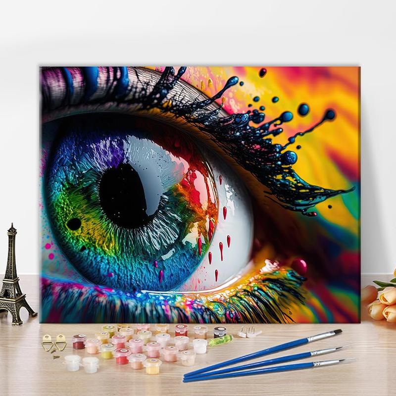 Eye  by Number, Human Eye Oil Painting for Adult with Brushes and Pigment, Ink Splashes Colorful  by Numbers for Wall Decoration, 16x20 Inch, Frameless