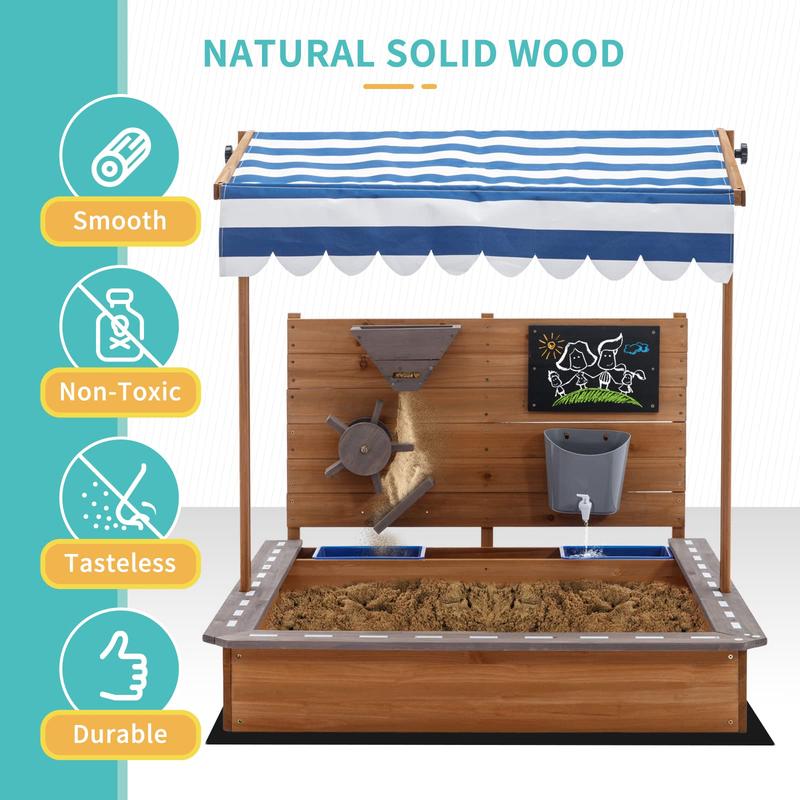 Kids Large Wooden SandBoxes with Roof, Pipleo Outdoor Sand Box Play w Canopy for Backyard Garden Beach, Sand Pit for Beach Patio Outdoor, [Adjustable Cover & Sand Funnel & Drawing Board] - Brown Oak