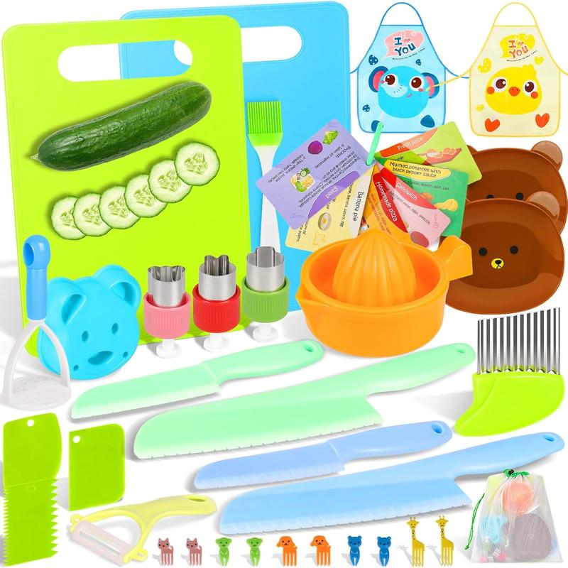 Christmas 34PCS Kids Cutting Board and Knife Set for Real Cooking Safe, Montessori Kitchen Tools and Knife Set for Toddlers, Kids Real Cooking Set with Aprons, Experience Gifts for Kids Girls Boys Age 3-12