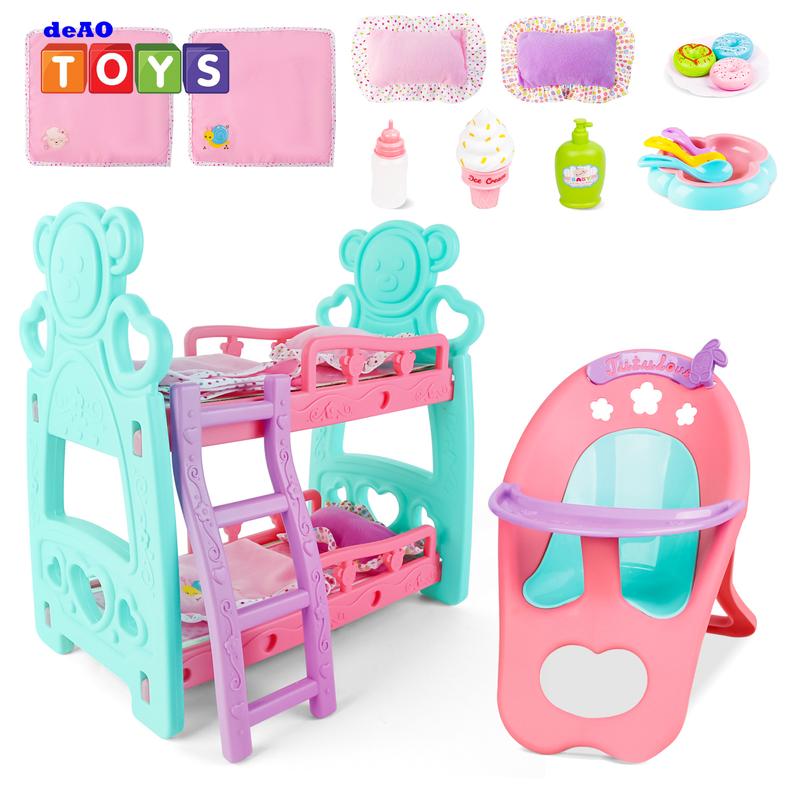 deAO Doll Accessories Bunk Bed Doll Crib & High Chair,Doll Furnitures Toy Bed Doll Crib for Twin Dolls fits 12 13 14 Inch,Great Pretend Play Toy