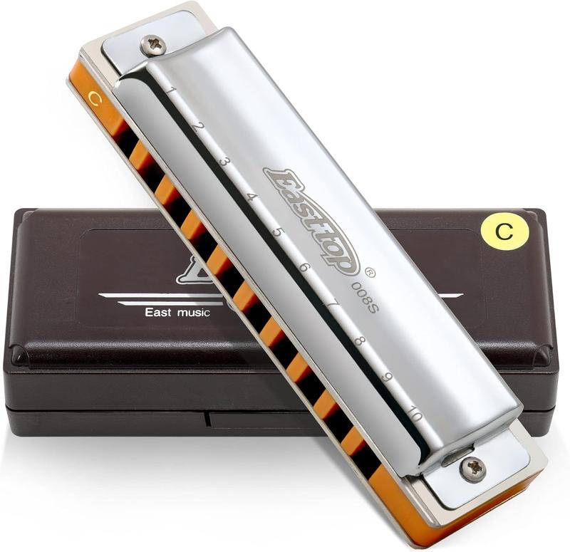 East top Harmonica, Advanced Diatonic Harmonica, 10 Holes Blues Harp Mouth Organ Harmonica with Silver Cover, Blues Harmonicas For Adults, Professionals and Students