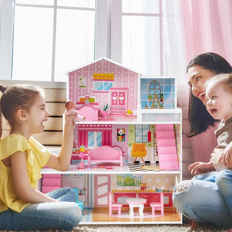 [ShopTab] Festival Joy Doll House for Little Princess, Story Wooden Dollhouse, Pieces Play Accessories & Furniture Included, Pretend Play Doll House Toy