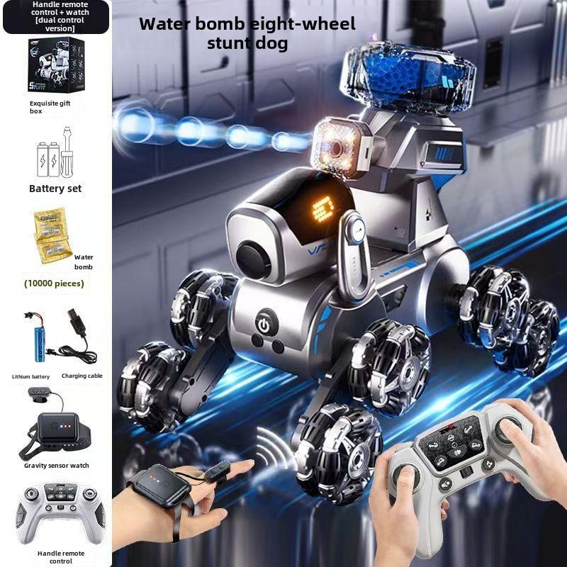 Children's robot toy, robot dog that can shoot water bombs, rechargeable - dual mode control, automatic demonstration, dance, music, glowing LED eyes