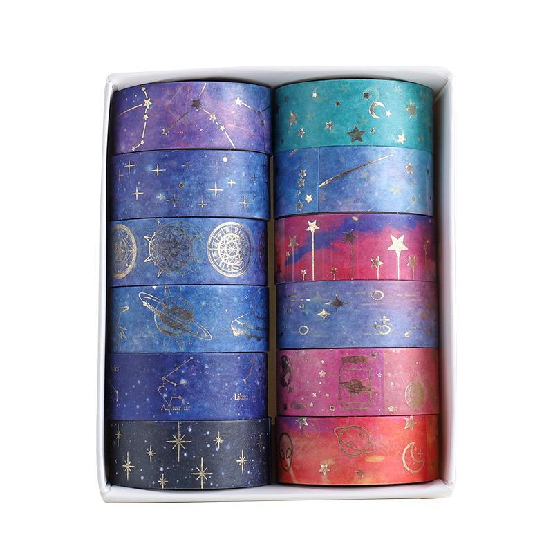 Starry Sky Themed Washi Tape Set for Christmas Gift, 12 Rolls box Handbook DIY Decoration Aesthetic Sticker, Scrapbooking & Journal Making Material Gift for Student