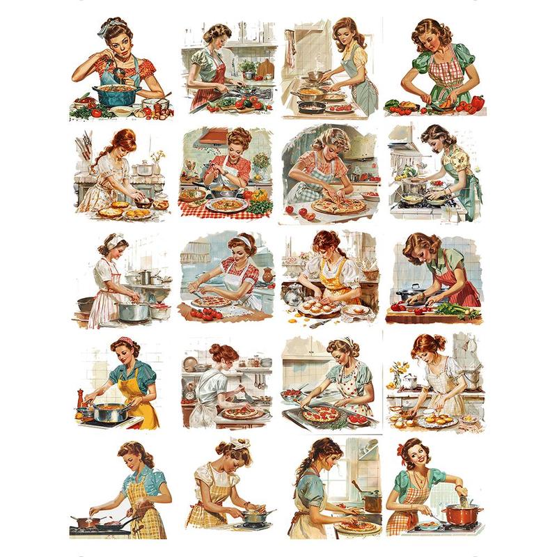 Vintage Kitchen Woman Pattern Sticker, 20pcs set Retro Kitchen Woman Anime Sticker, DIY Decorative Sticker for Scrapbooking, Journaling, Gift Wrapping