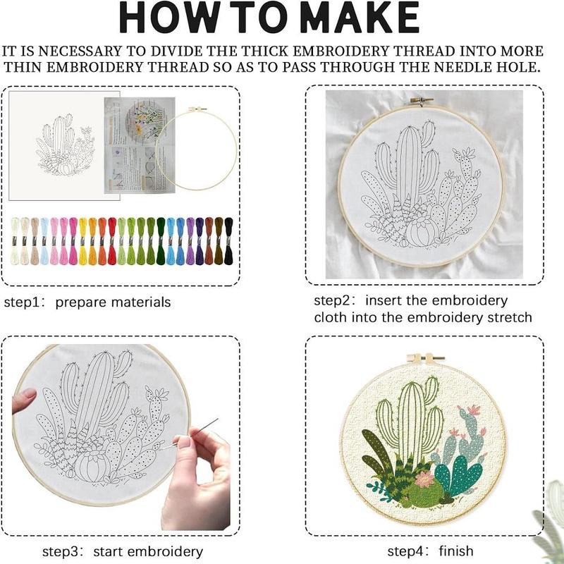 Cactus Pattern Embroidery Starter Kit, Including Embroidery Cloth, Hoop, Floss, Needle, Threader & Shear, Cross Stitch Embroidery for Beginners, Gifts for Girlfriend, Summer Gifts