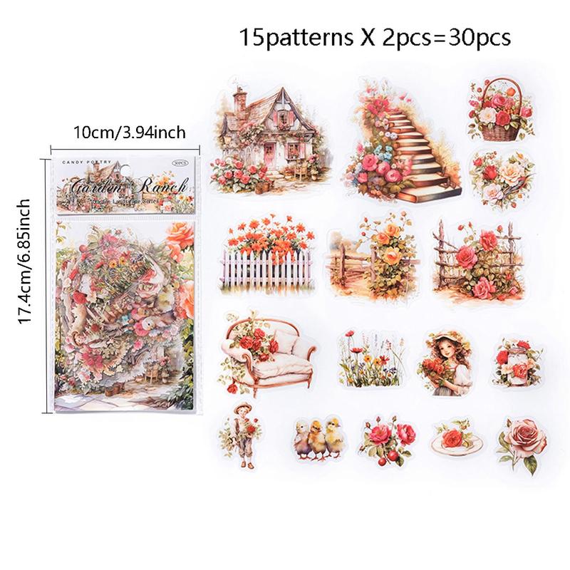 Vintage Flower House Pattern Sticker, 30pcs pack Scrapbooking & Journal Making Material Paper, DIY Decorative Sticker for Stationery Computer Water Bottle