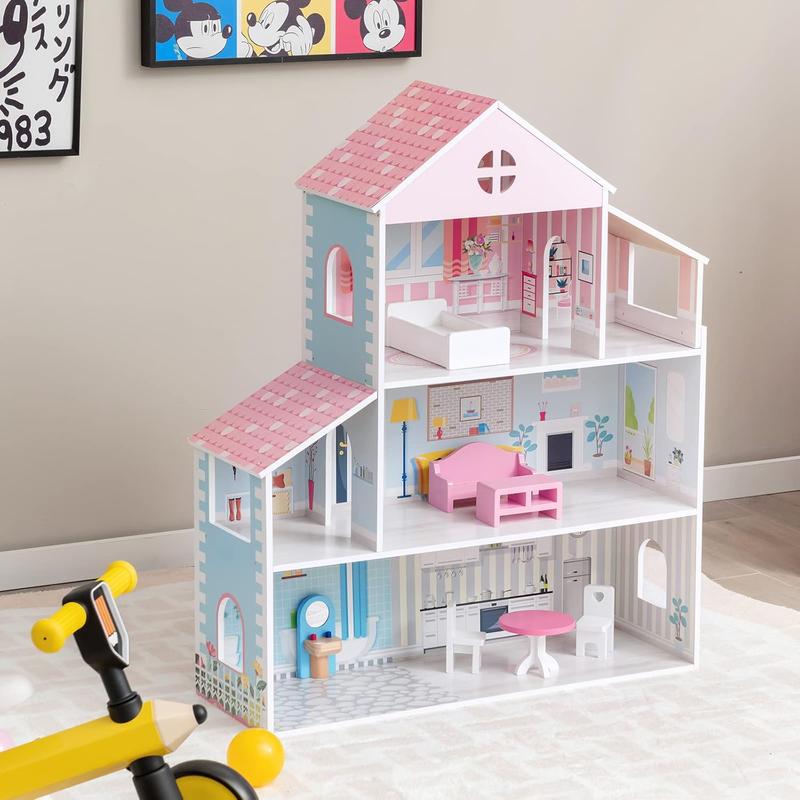 [ShopTab] Festival Joy Doll House for Little Princess, Story Wooden Dollhouse, Pieces Play Accessories & Furniture Included, Pretend Play Doll House Toy