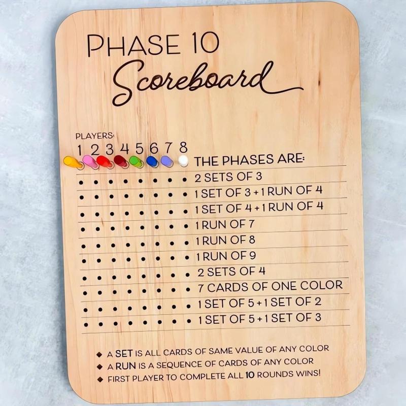 Wooden Phase 10 Score Board, 1 Count Game Score Sheets with Marker Pin, Classic Family Adults Board Card Games Night Table Score Boards  for  Indoor & Outdoor