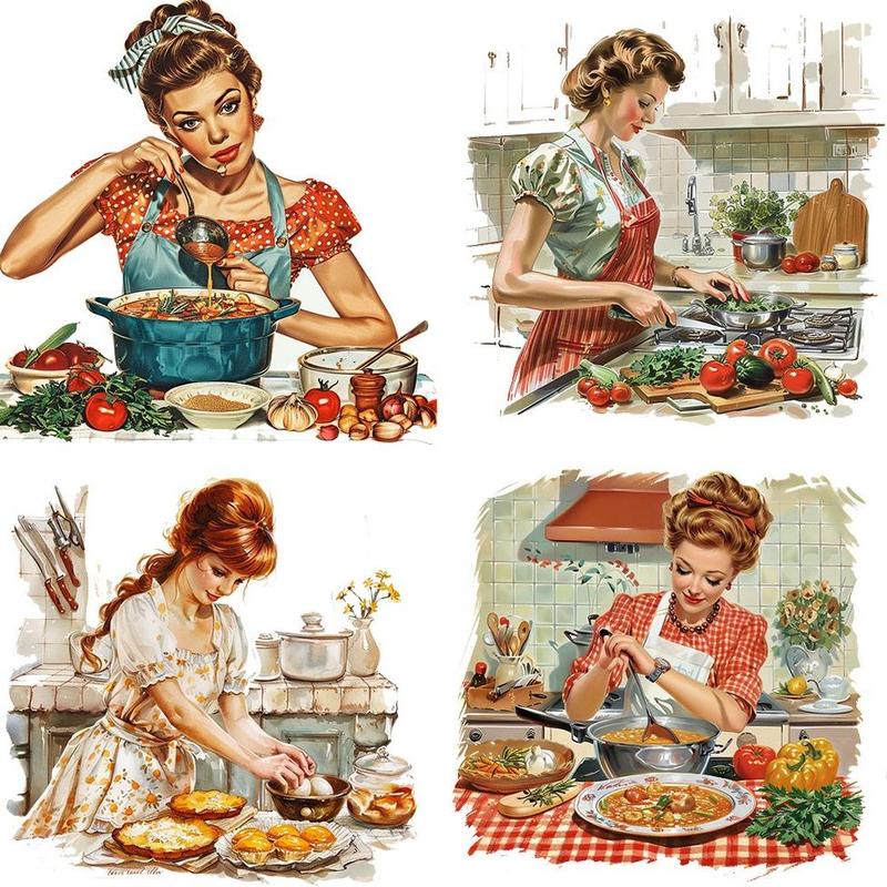 Vintage Kitchen Woman Pattern Sticker, 20pcs set Retro Kitchen Woman Anime Sticker, DIY Decorative Sticker for Scrapbooking, Journaling, Gift Wrapping