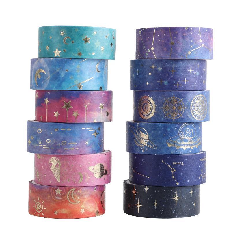 Starry Sky Themed Washi Tape Set for Christmas Gift, 12 Rolls box Handbook DIY Decoration Aesthetic Sticker, Scrapbooking & Journal Making Material Gift for Student