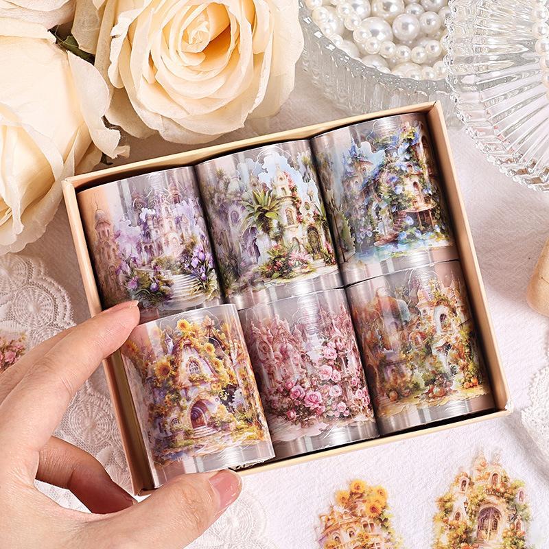 Floral Castle Pattern Tape, 6 Rolls box Waterproof Self Adhesive Decorative Tape, DIY Decorative Tape for Scrapbooking & Journal Making, Scrapbook Supplies