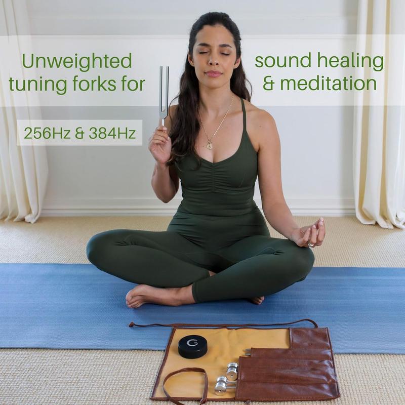 Resonance Tuning Forks for Healing Set - Weighted & Unweighted Tuning Fork Set Including 128Hz, 136Hz, 256Hz, 384Hz & Hockey Puck Activator - Chakra Sound Therapy Instruments in a Vegan Leather Pouch