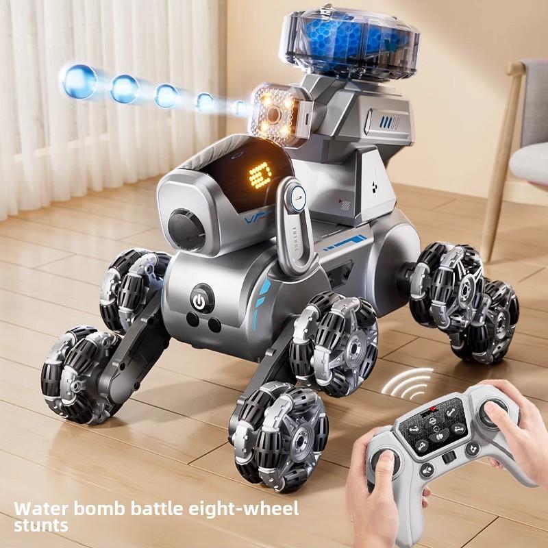 Children's robot toy, robot dog that can shoot water bombs, rechargeable - dual mode control, automatic demonstration, dance, music, glowing LED eyes