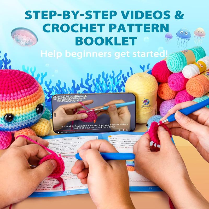 Crochetta Crochet Kit for Beginners, Crochet Kit Step-by-Step Video Tutorials, Crochet Starter Kit Learn to Crochet Kits for Adults Kids Beginners, Jumbo 3 Colorful Octopus Familly (40%+ Yarn Content)