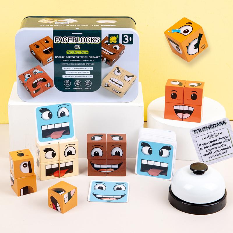 Wooden Expressions Matching Block Game Face-Changing Cube Building Blocks  Board Games for Family Night Puzzle Games