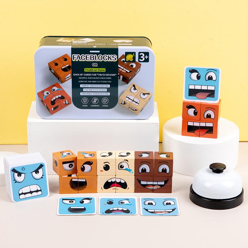 Wooden Expressions Matching Block Game Face-Changing Cube Building Blocks  Board Games for Family Night Puzzle Games