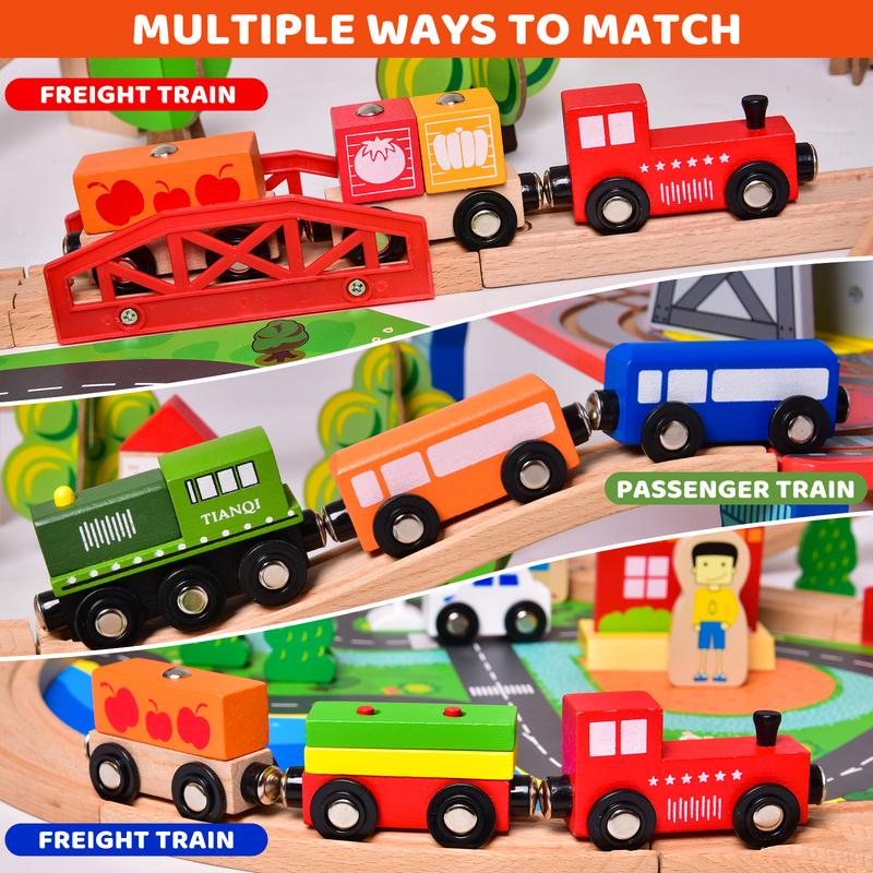 88PCS Magnetic Track Wooden Train Cargo Car Track with Realistic City Scenery Education Toy Set for Kids