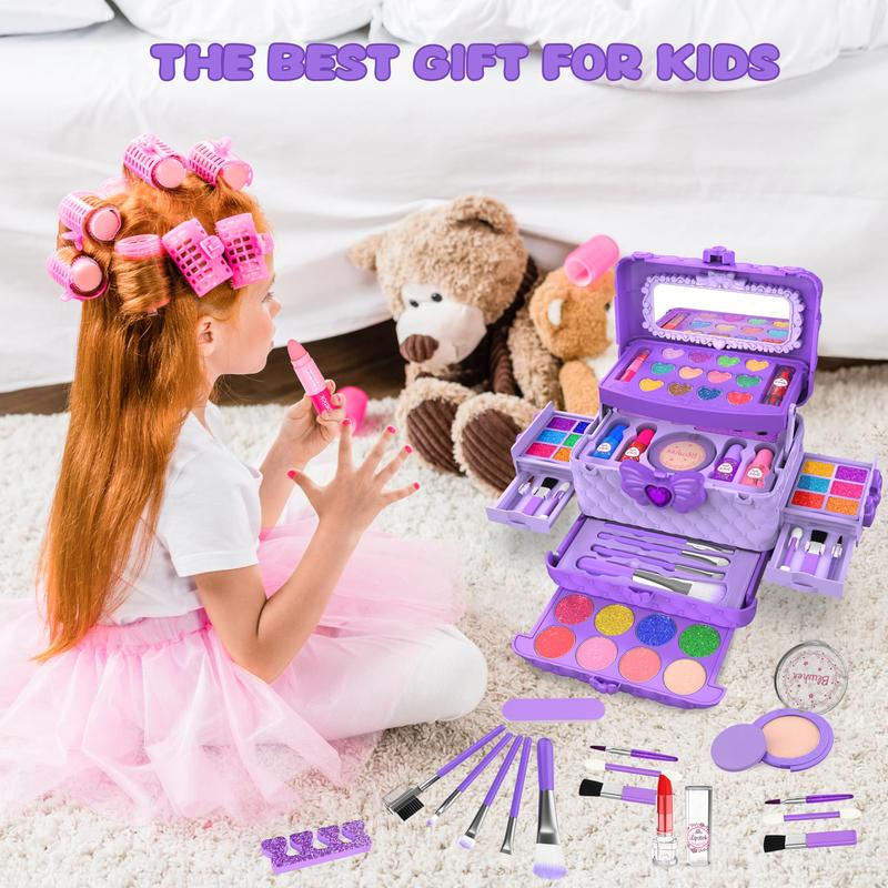 54Pcs Kids Makeup Kit for Girls, Princess Real Washable Pretend Play Cosmetic Set Toys with Mirror, Non-Toxic & Safe, Birthday Gifts for 3 4 5 6 7 8 9 10 Years Old Girls Kids (Purple) Halloween Butterfly