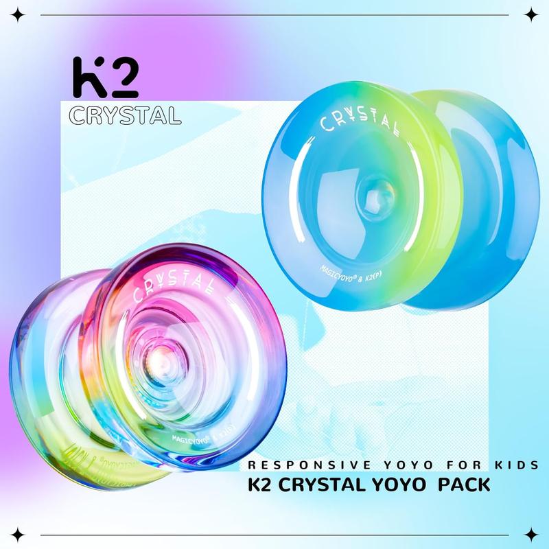 MAGICYOYO Pack of 2 Yoyos K2 Crystal- Dual Purpose Responsive Yo-yo for Kids Beginners, with Extra Unresponsive Yo Yo Bearing+ Removal Tool + 12 Yoyo Strings+ Yo-yo Case(Rainbow Gradient)