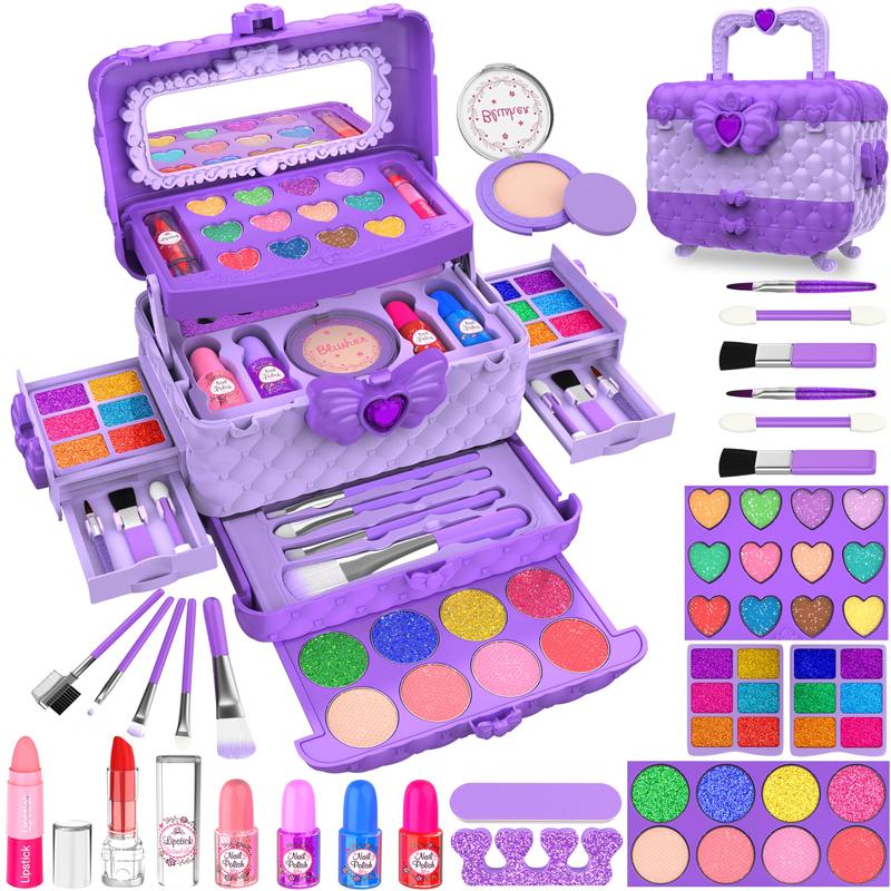 54Pcs Kids Makeup Kit for Girls, Princess Real Washable Pretend Play Cosmetic Set Toys with Mirror, Non-Toxic & Safe, Birthday Gifts for 3 4 5 6 7 8 9 10 Years Old Girls Kids (Purple) Halloween Butterfly