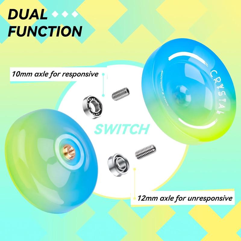 MAGICYOYO Pack of 2 Yoyos K2 Crystal- Dual Purpose Responsive Yo-yo for Kids Beginners, with Extra Unresponsive Yo Yo Bearing+ Removal Tool + 12 Yoyo Strings+ Yo-yo Case(Rainbow Gradient)