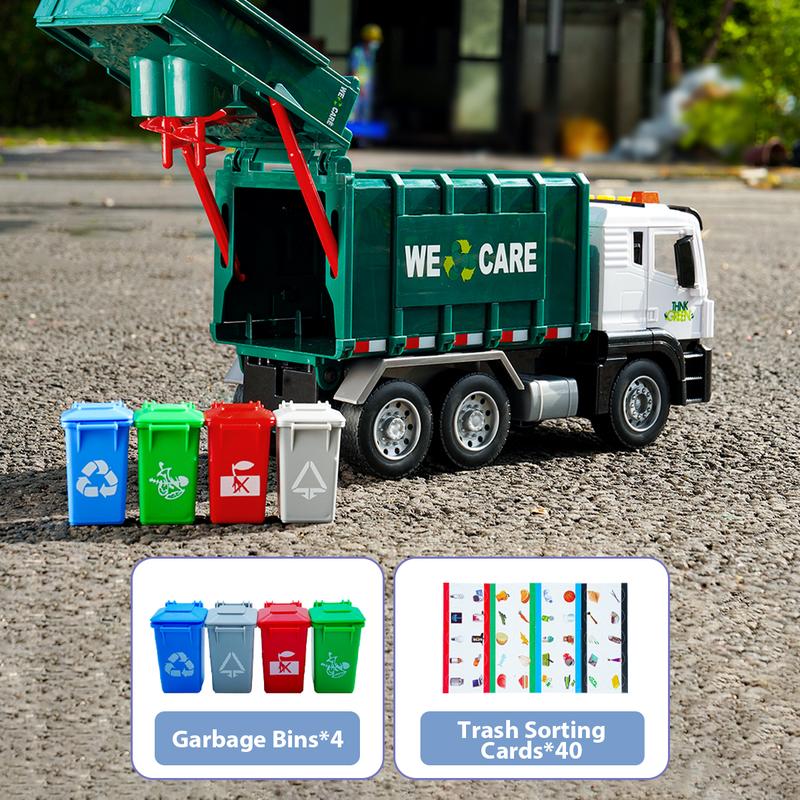 Garbage Truck Toy for Kids, Large Friction Powered Trash Truck Toy with Lights and Sounds, 4 Trash Bins and Sorting Cards, Perfect Gift for Kids