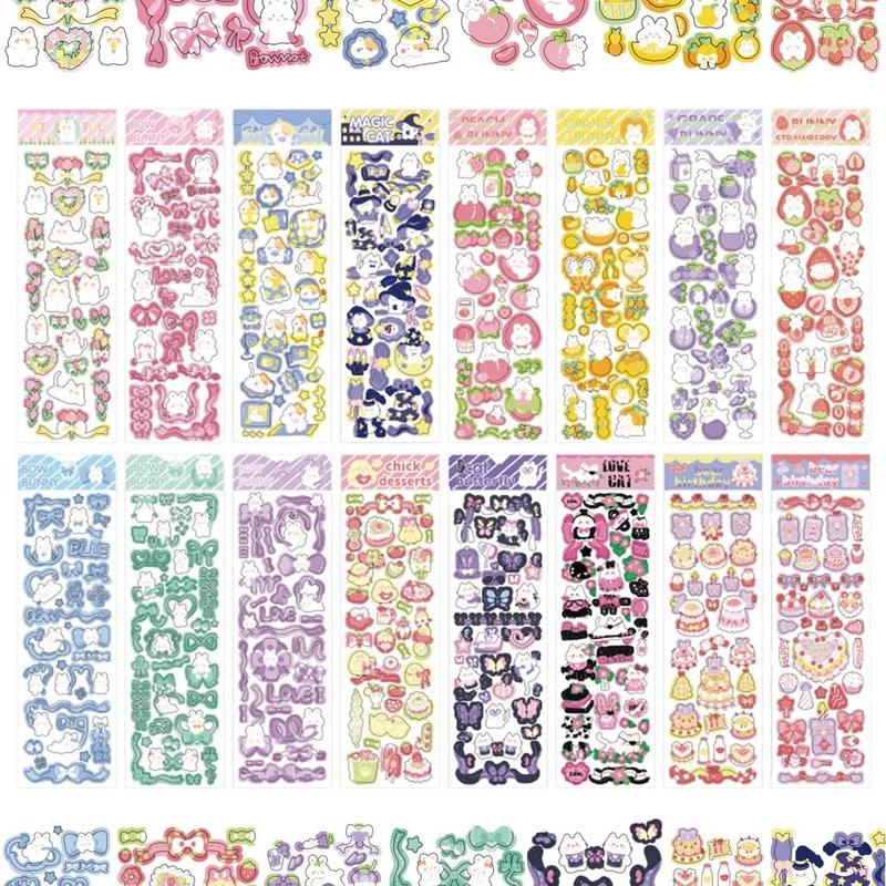 16 Sheets Korean Deco Stickers Set, DIY Colorful Glitter Self Adhesive Stickers with Cute Animal Pattern, Kpop Potocard Korean Stickers, Cute Deco Stickers for Scrapbook Card DIY Decor Craft