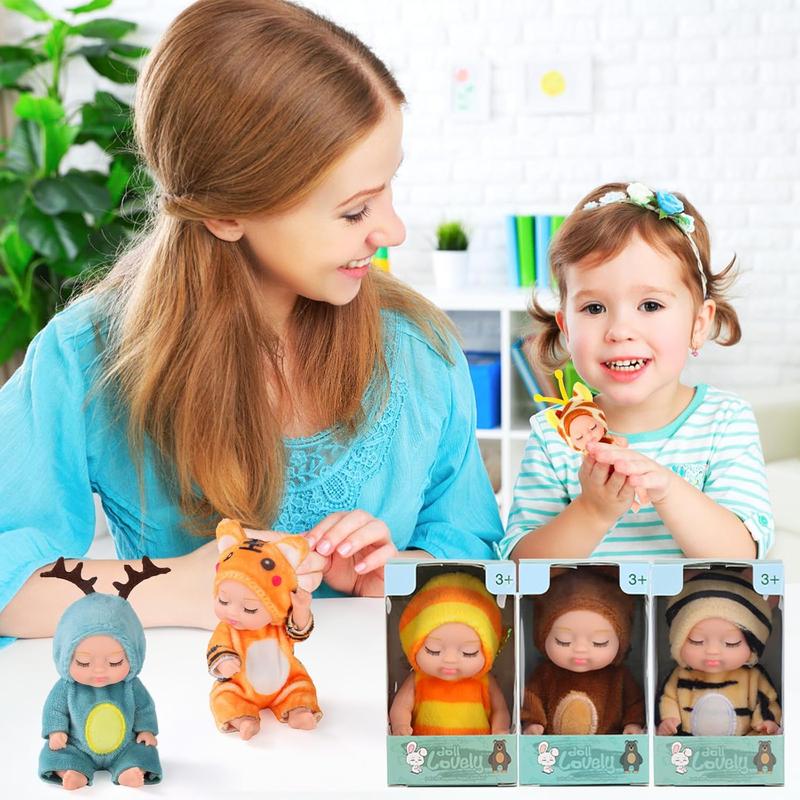 [IN STOCK]10 Pcs 4 Inch Mini Reborn Baby Dolls Set Cute Small Baby Doll with Handmade Animal Clothes - Baby Doll Giftbox Gifts for Girls Boys