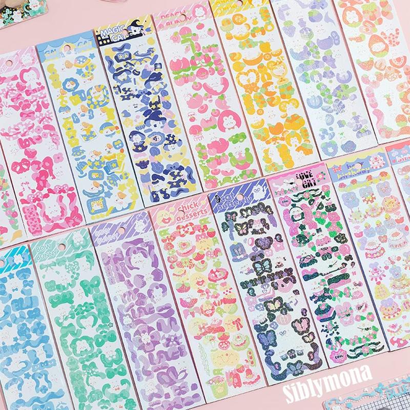 16 Sheets Korean Deco Stickers Set, DIY Colorful Glitter Self Adhesive Stickers with Cute Animal Pattern, Kpop Potocard Korean Stickers, Cute Deco Stickers for Scrapbook Card DIY Decor Craft