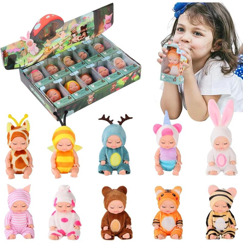 [IN STOCK]10 Pcs 4 Inch Mini Reborn Baby Dolls Set Cute Small Baby Doll with Handmade Animal Clothes - Baby Doll Giftbox Gifts for Girls Boys