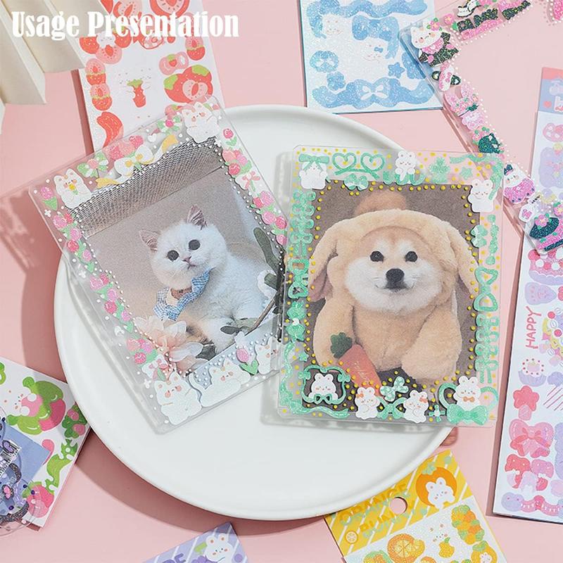 16 Sheets Korean Deco Stickers Set, DIY Colorful Glitter Self Adhesive Stickers with Cute Animal Pattern, Kpop Potocard Korean Stickers, Cute Deco Stickers for Scrapbook Card DIY Decor Craft