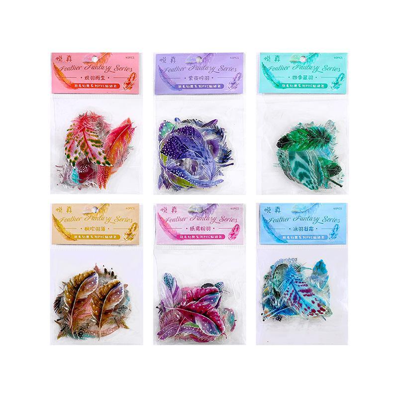 40pcs Random Color Feather Stickers, Waterproof Durable Stickers, DIY Scrapbooking Material Self Adhesive Sticker