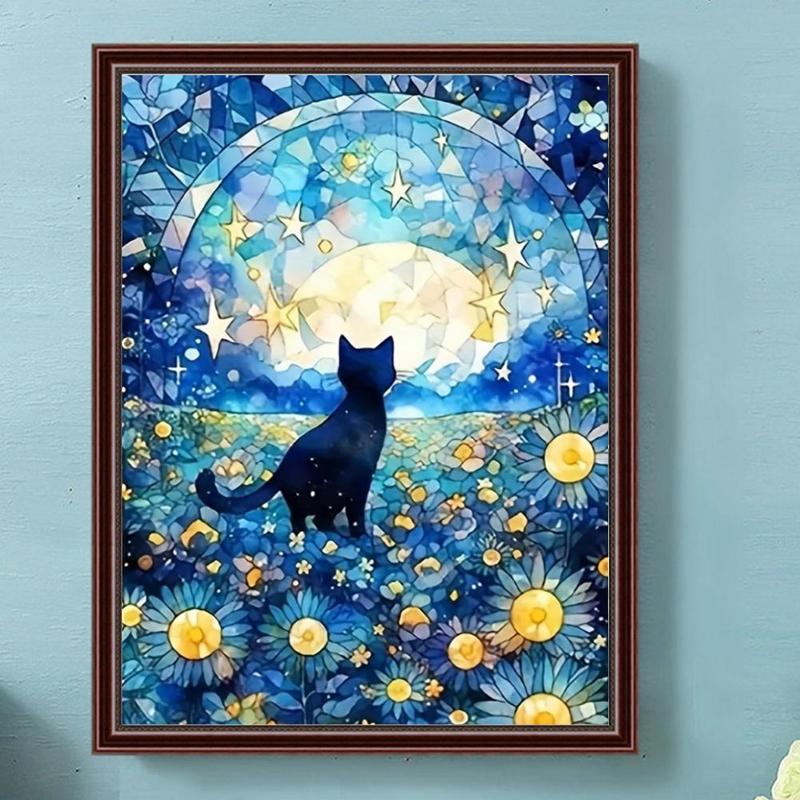 Moon & Cat Pattern DIY Diamond Art Painting Picture Without Frame, 5D Artificial Diamond Art Embroidery Kit, DIY Decorative Painting for Bedroom Living Room Office