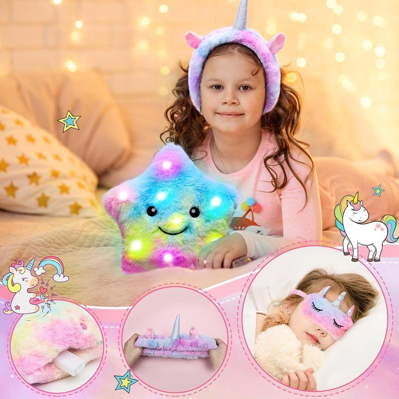 Unicorns Gifts for Girls Kids Toys 6 7 8 9 10 Years Old with Star Light Up Pillow Stationery Plush Diary with Lock Headband Eye Mask Water Bottle Teen Girl Birthday Christmas Unicorn Toy