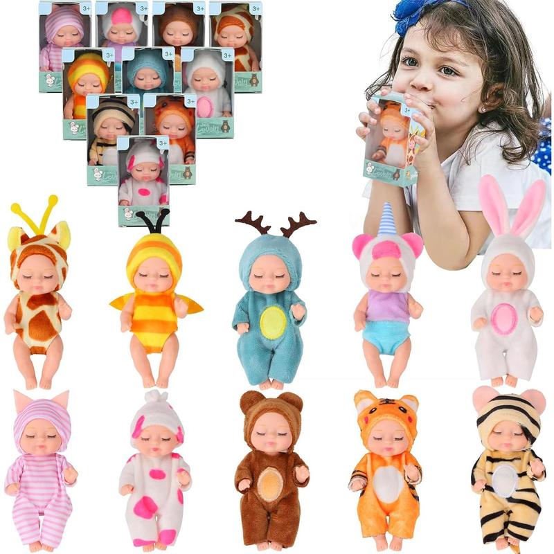 [IN STOCK]10 Pcs 4 Inch Mini Reborn Baby Dolls Set Cute Small Baby Doll with Handmade Animal Clothes - Baby Doll Giftbox Gifts for Girls Boys