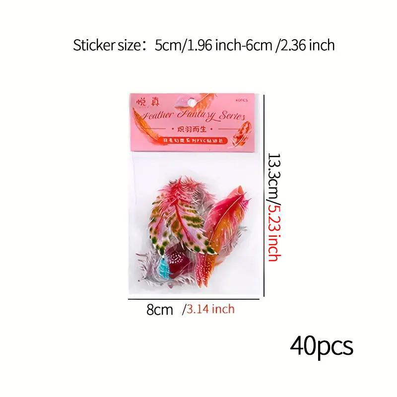 40pcs Random Color Feather Stickers, Waterproof Durable Stickers, DIY Scrapbooking Material Self Adhesive Sticker